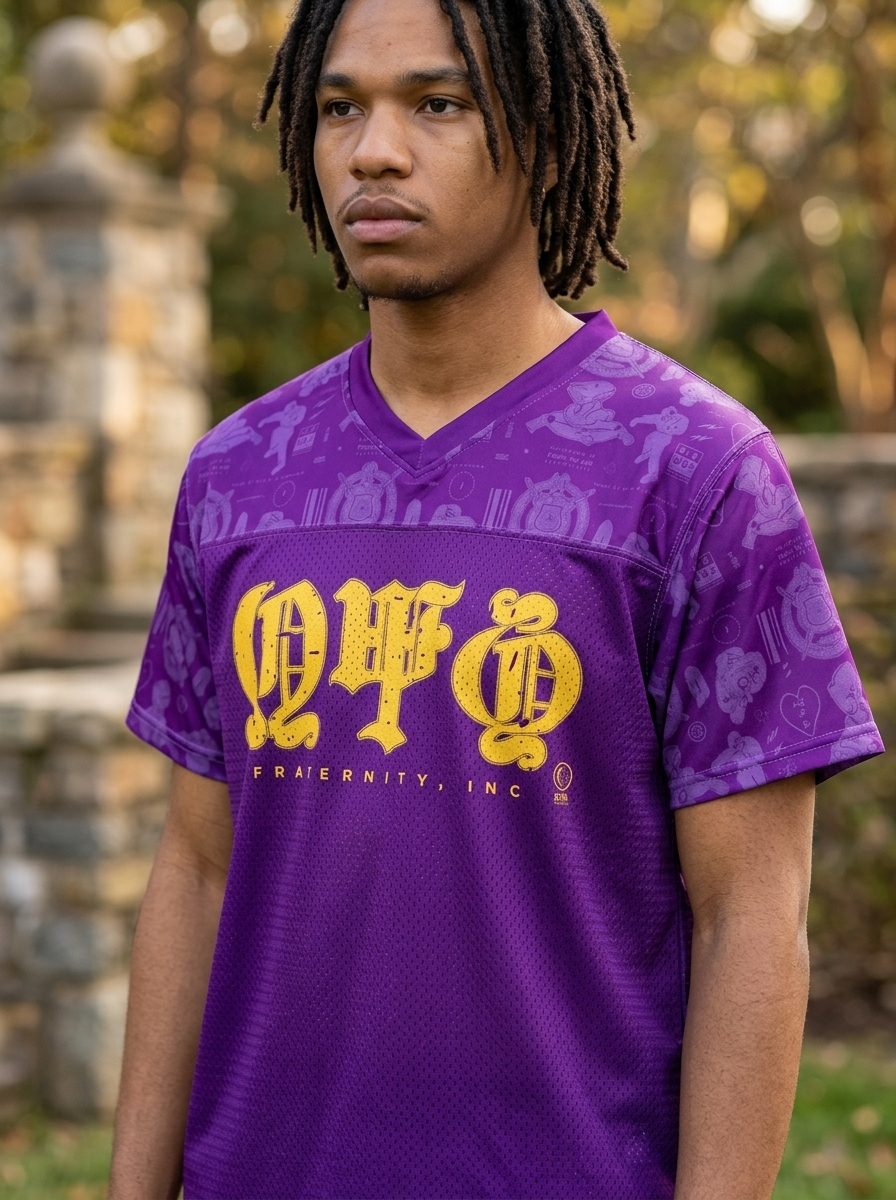 Omega Psi Phi Old English Letters on Purple - Boxy football jersey